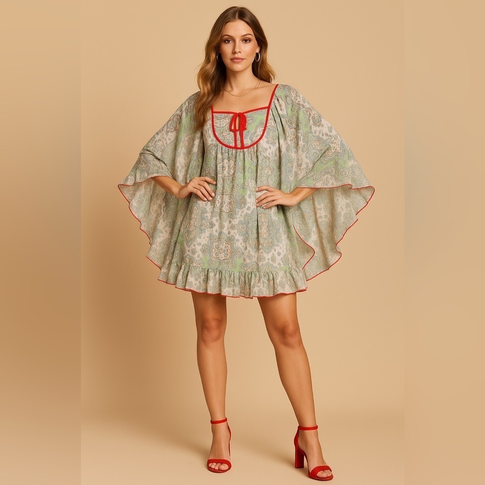 Esley Boho Paisley Tunic Dress Womens Sz M Butterfly Sleeve Chiffon Float Shift